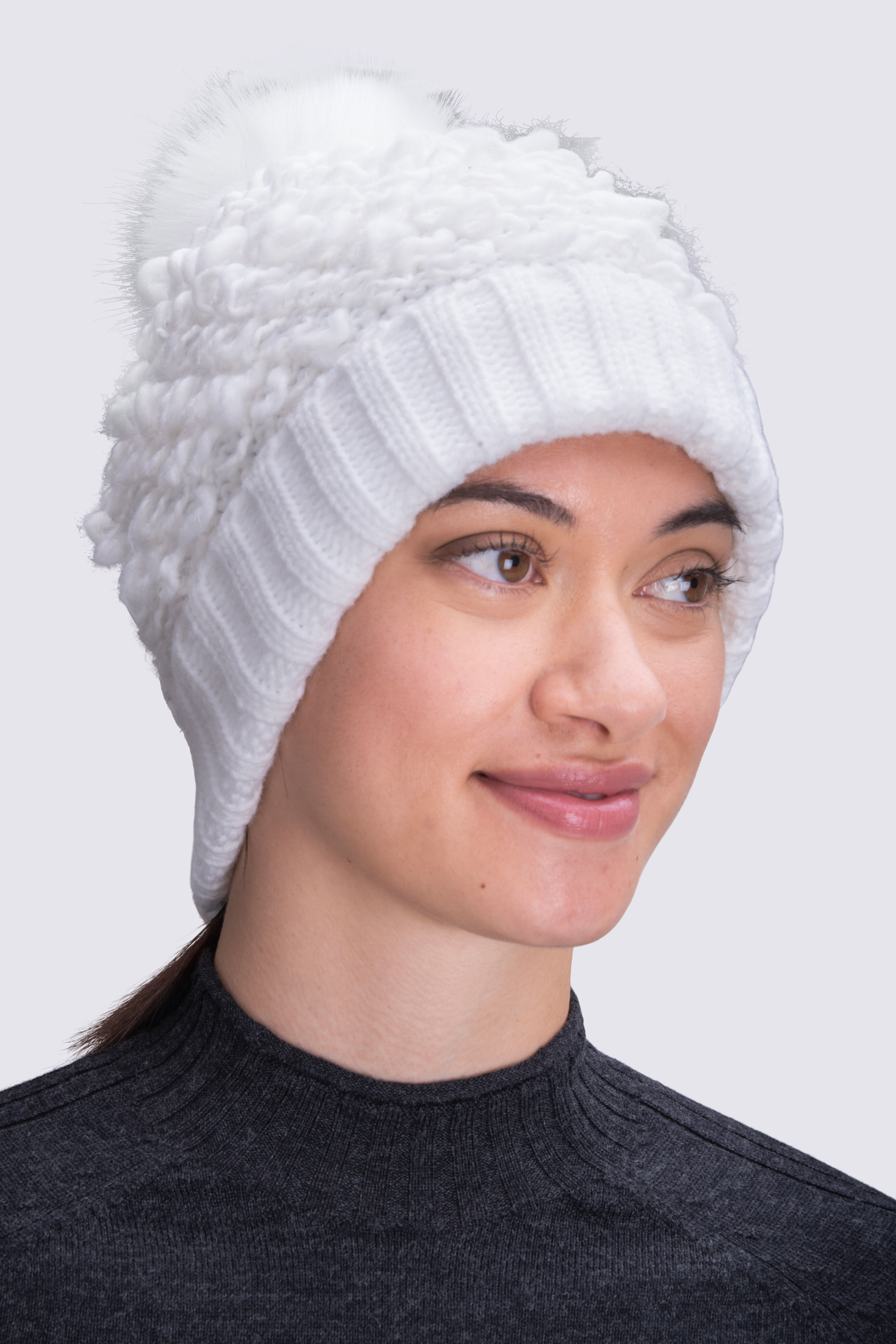 White beanie hat with top pom pom