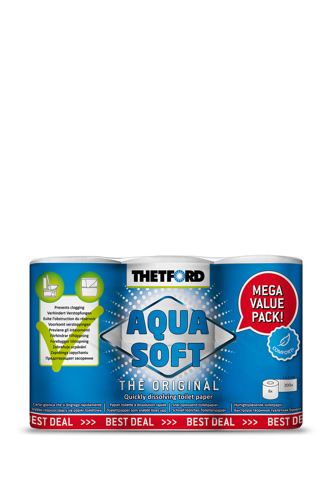 Thetford Aqua Soft Toilet Tissue Paper 6 Roll Mega Value Pack