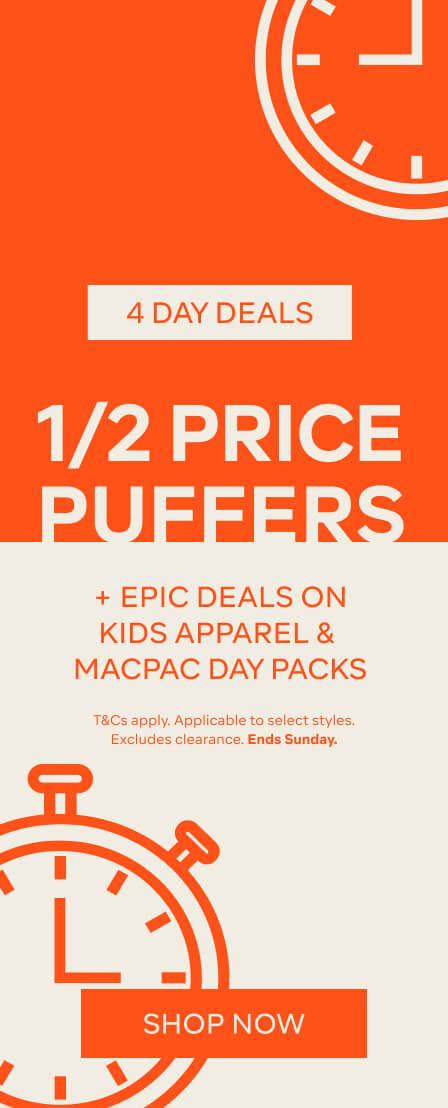 4 DAY DEALS - 1/2 PRICE PUFFERS + MORE EPIC DEALS ON KIDS APPAREL & MACPAC DAY PACKS