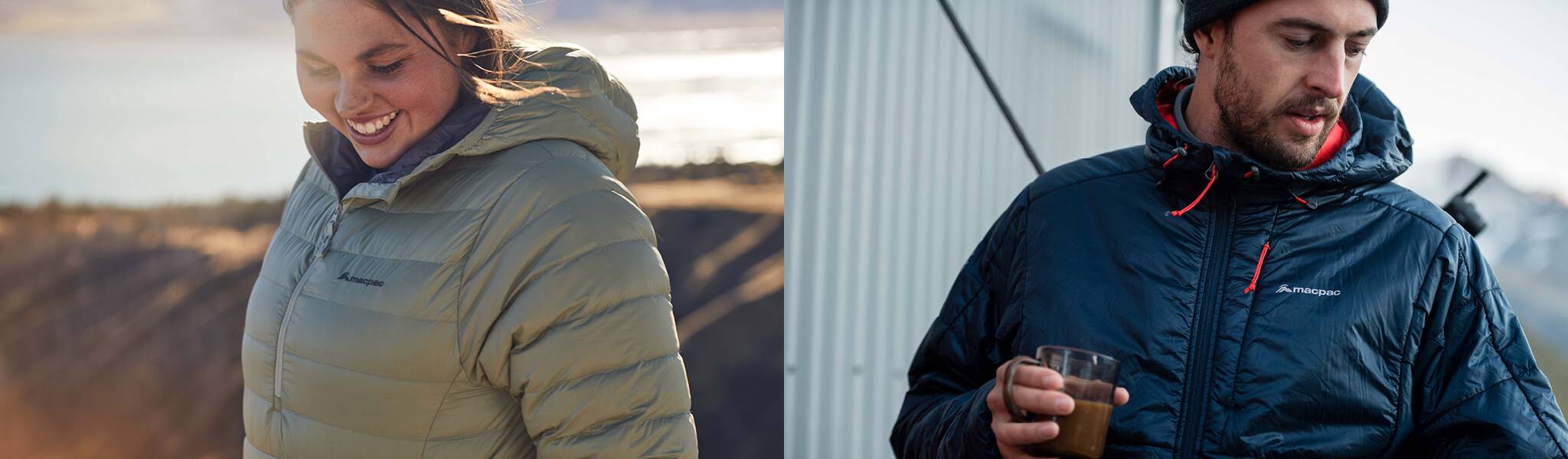Man wearing navy blue insulated Macpac jacket and woman wearing beige/green Macpac jacket