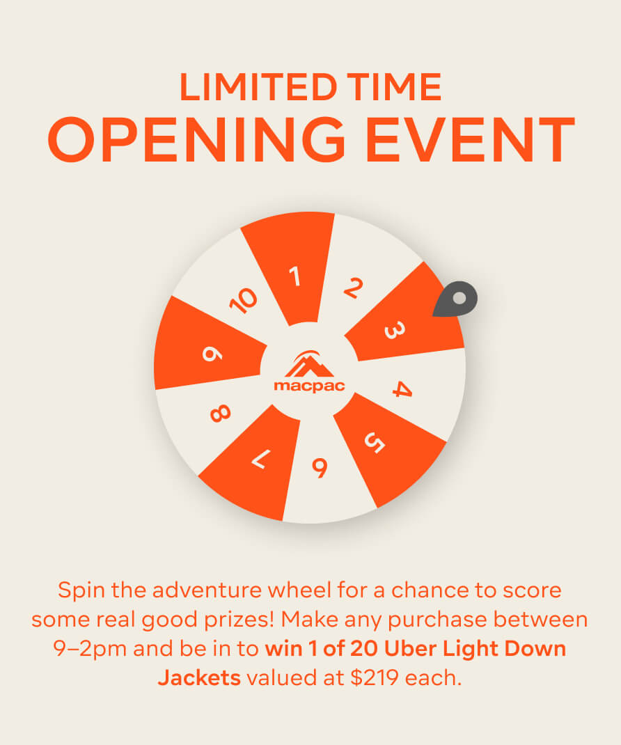 Spin the adventure wheel for a chance to score some real good prizes! Make any purchase between 9–12pm and be in to win 1 of 20 Uber Light Down Jackets valued at $219 each (and more).