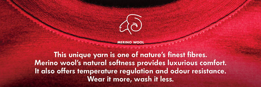 Merino Wool, One of nature's finest fibres, merino wool is naturally light, temperature regulating and odour resistant. Better for the environment - wear it more, wash it less.
