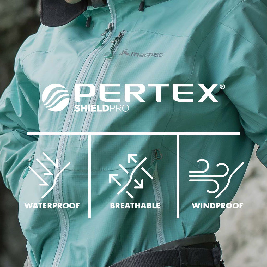 Icons showing Windproof, flexible, Responsible Down Standard - Macpac Lightweight Prophet Pertex Rain Coat