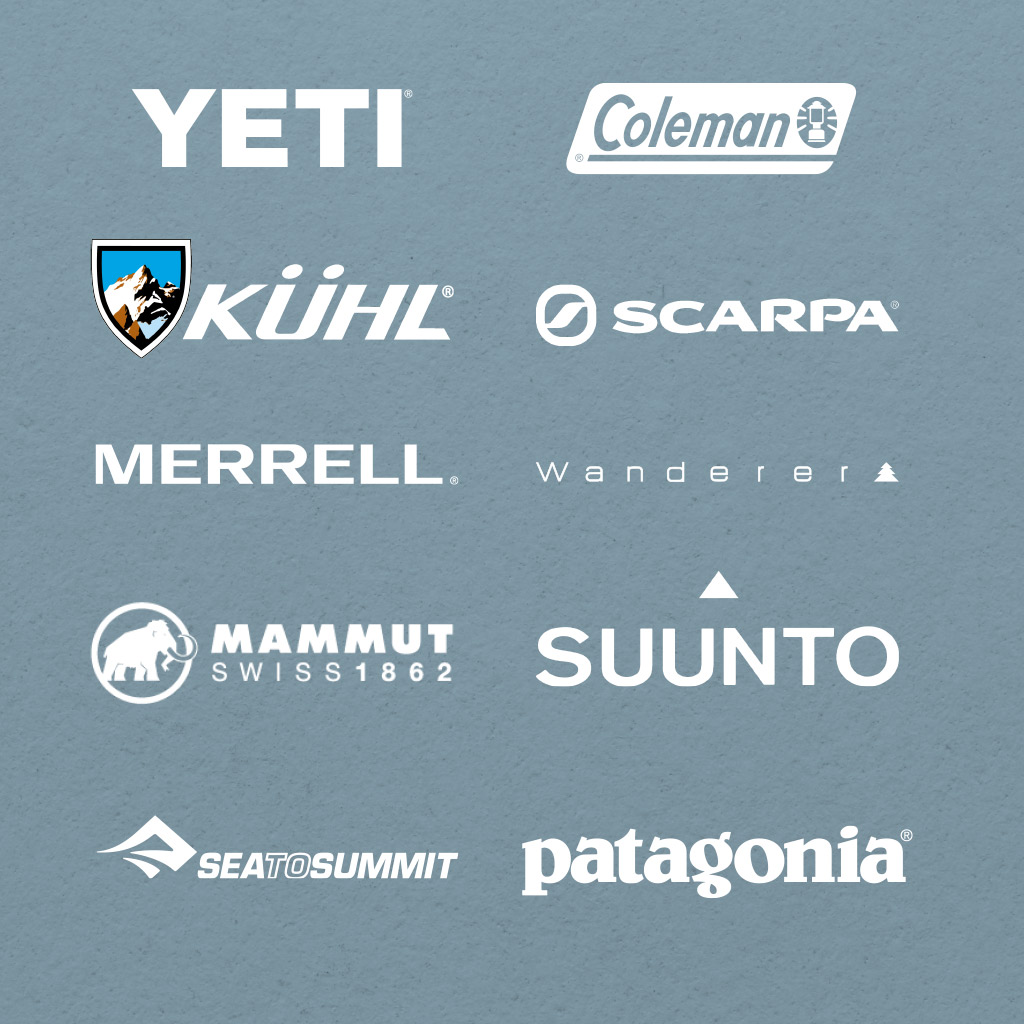 Brand Logos listed: YETI, Coleman, Kuhl, Scarpa, Merrell, Wanderer, Mammut, Suunto, Sea to Summit, Patagonia