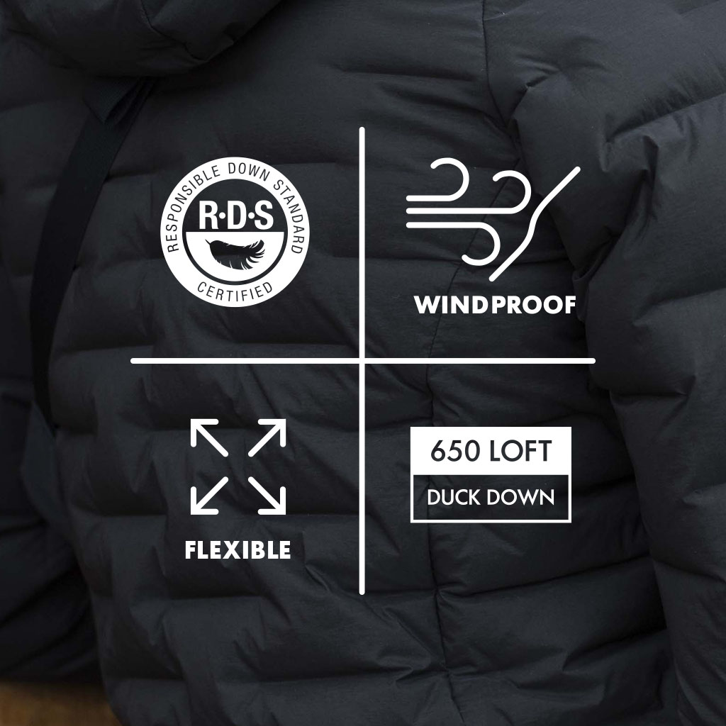 Icons showing Windproof, flexible, Responsible Down Standard - Macpac Macpac Nazomi Pertex Jacket