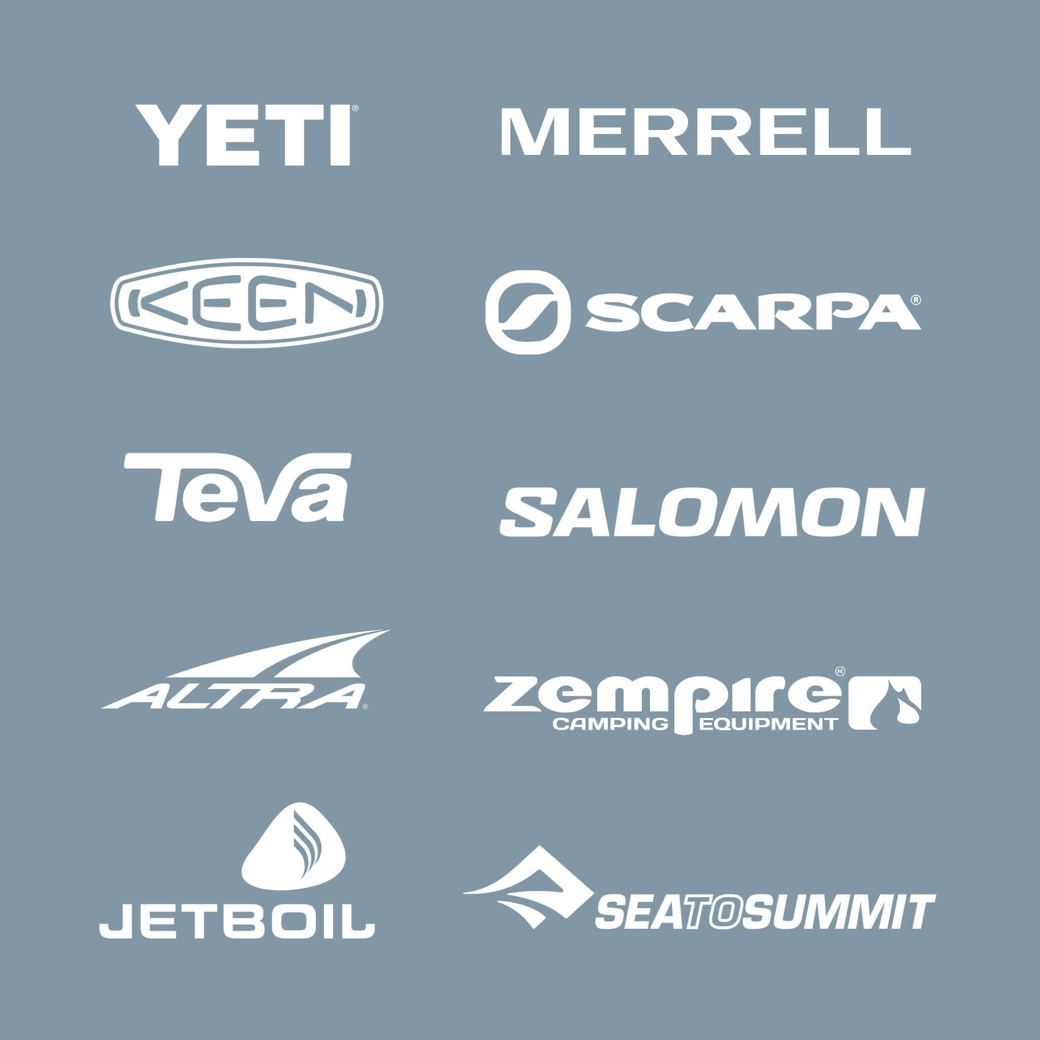 Brand Logos listed: YETI, Coleman, Kuhl, Scarpa, Merrell, Wanderer, Mammut, Suunto, Sea to Summit, Patagonia