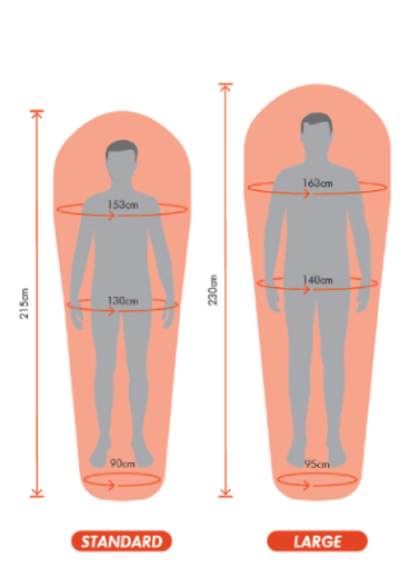 size chart showing Kids, Women's Standard and Large sizes with diagrams and measurements